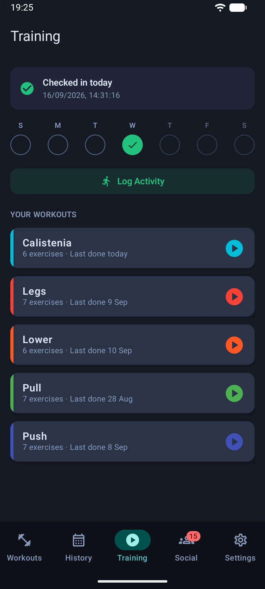 The Training tab with today's check-in and the Log Activity button (Android)