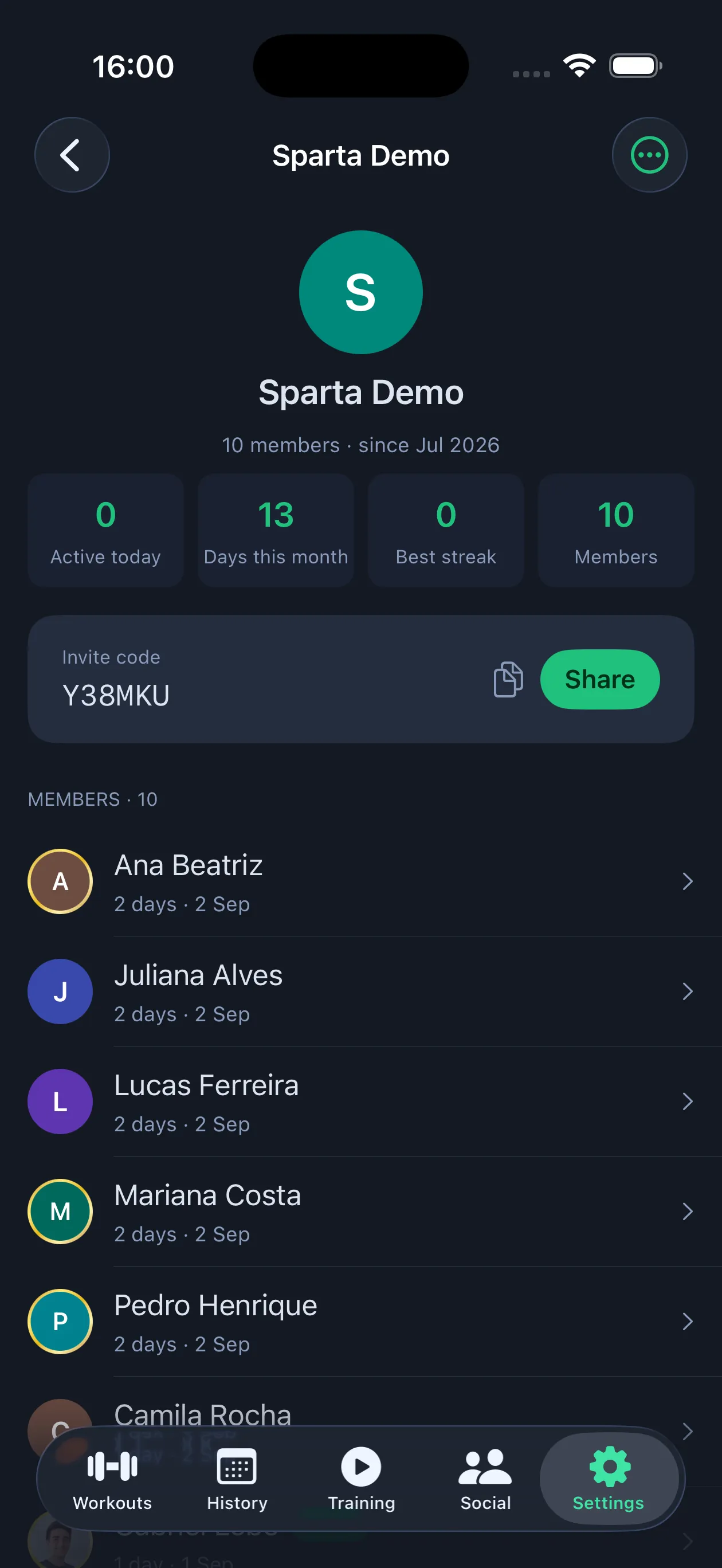 A group page with its invite code, stats and member list (iOS)