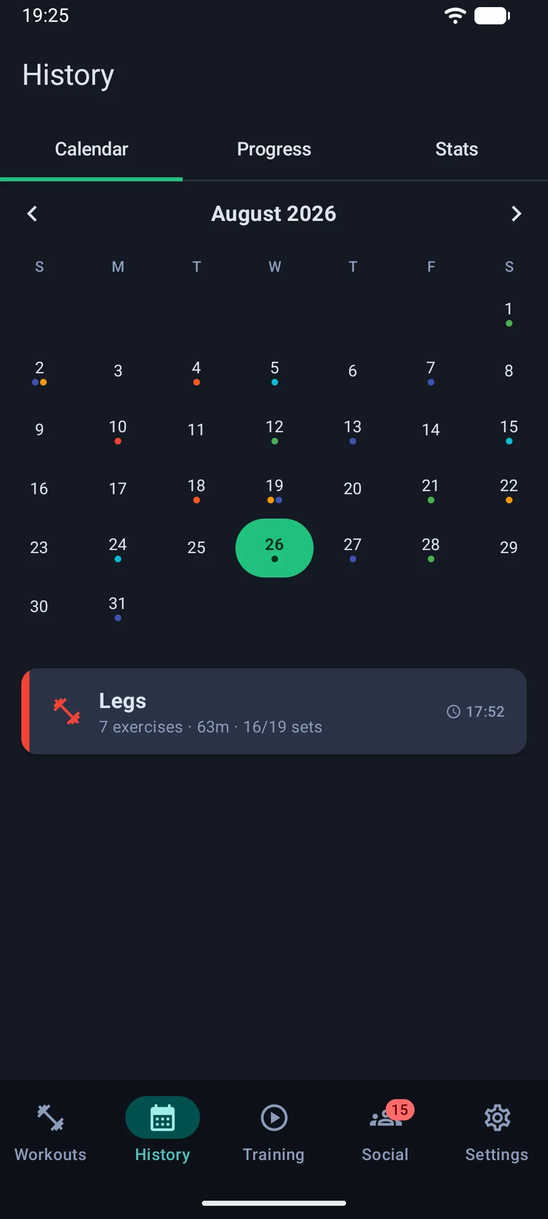History calendar with colored dots on active days (Android)