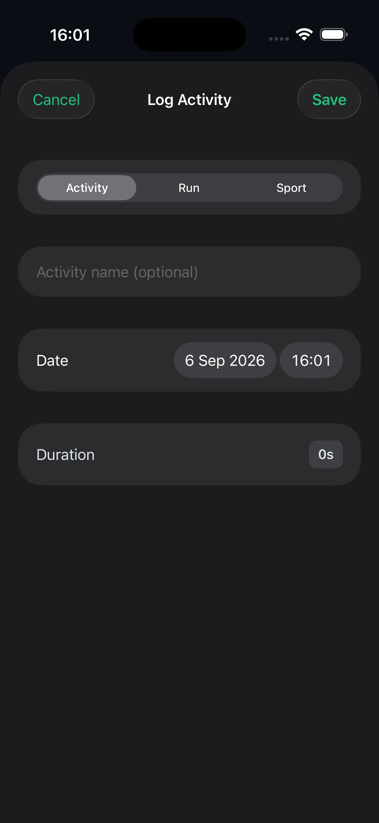 The Log Activity dialog showing type and date options (iOS)