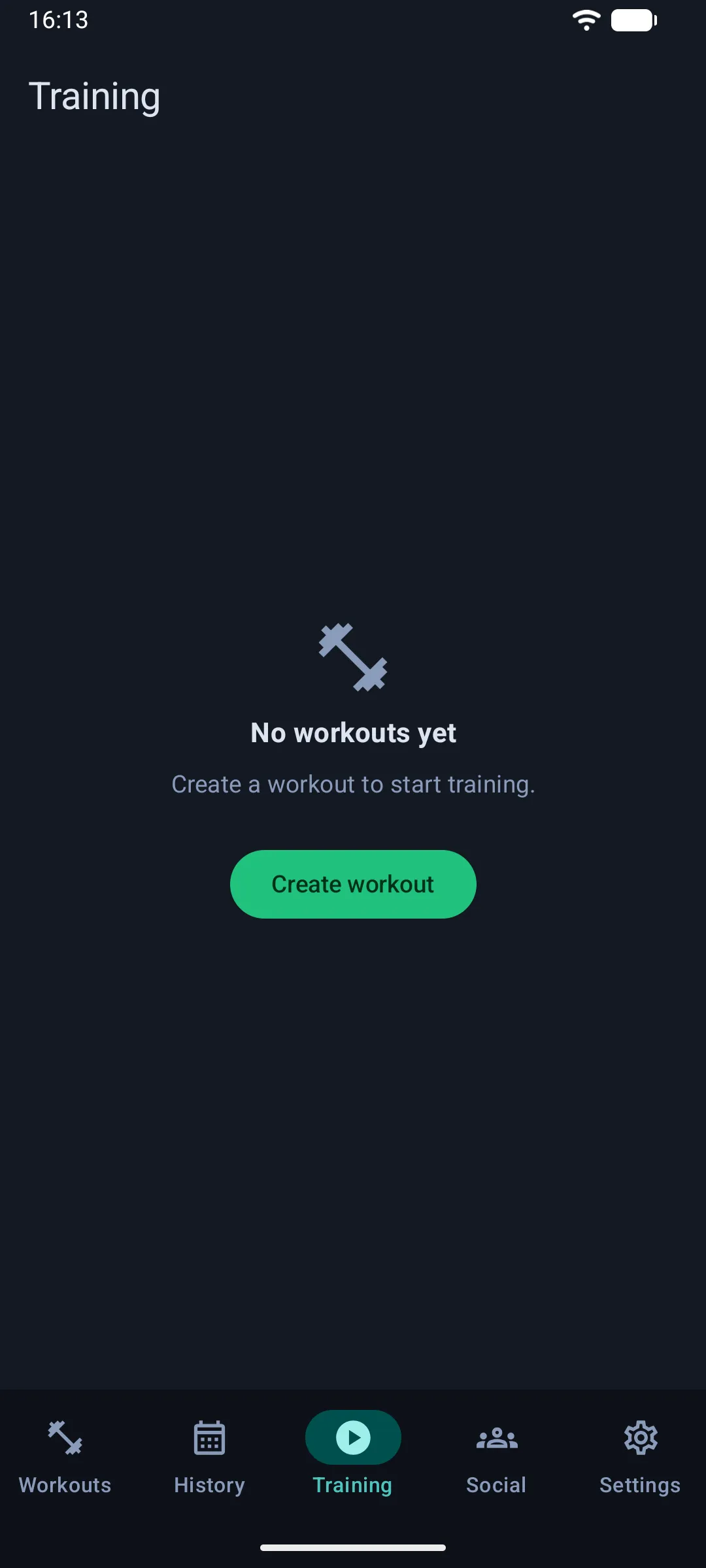 The Training tab on a fresh install, with the weekly check-in row and no workouts yet (Android)