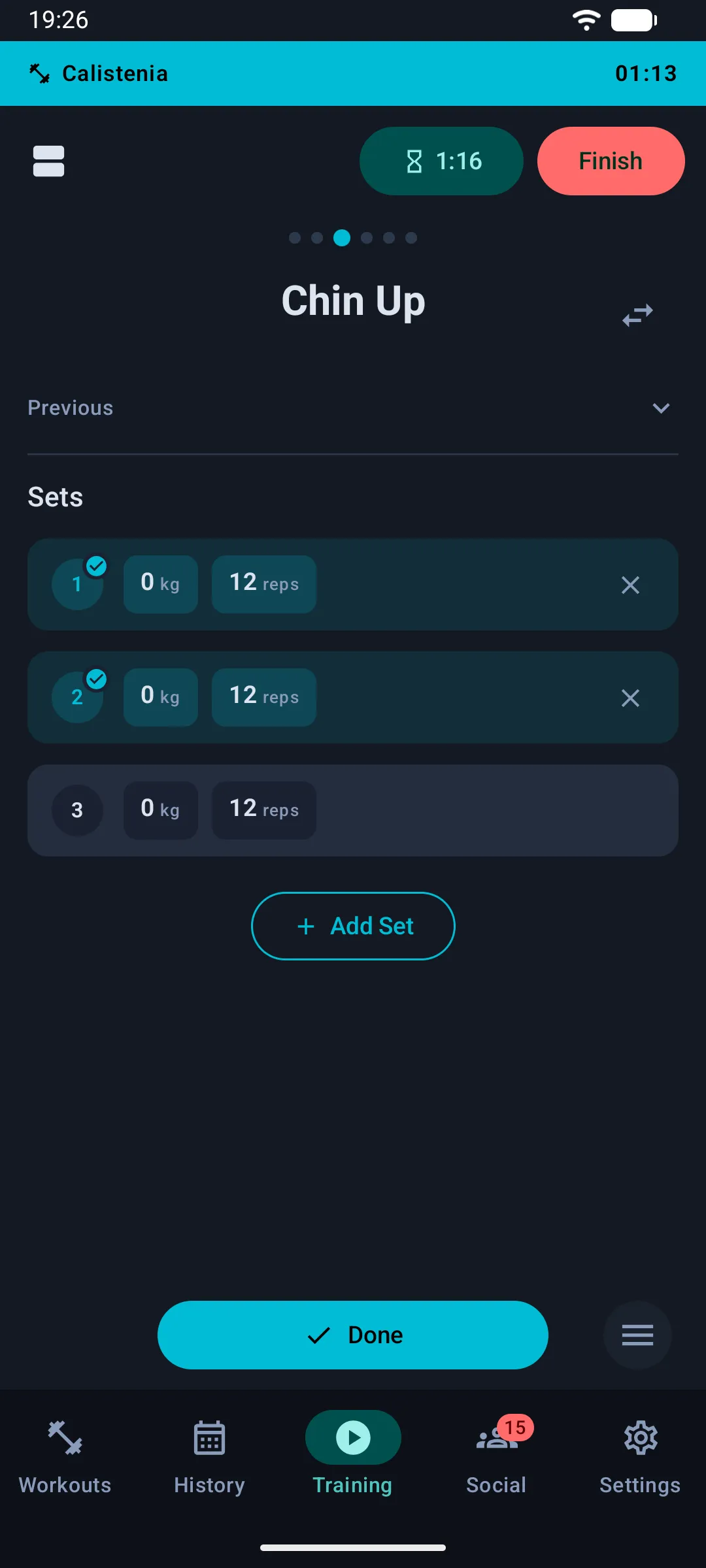 An in-progress live workout session (Android)
