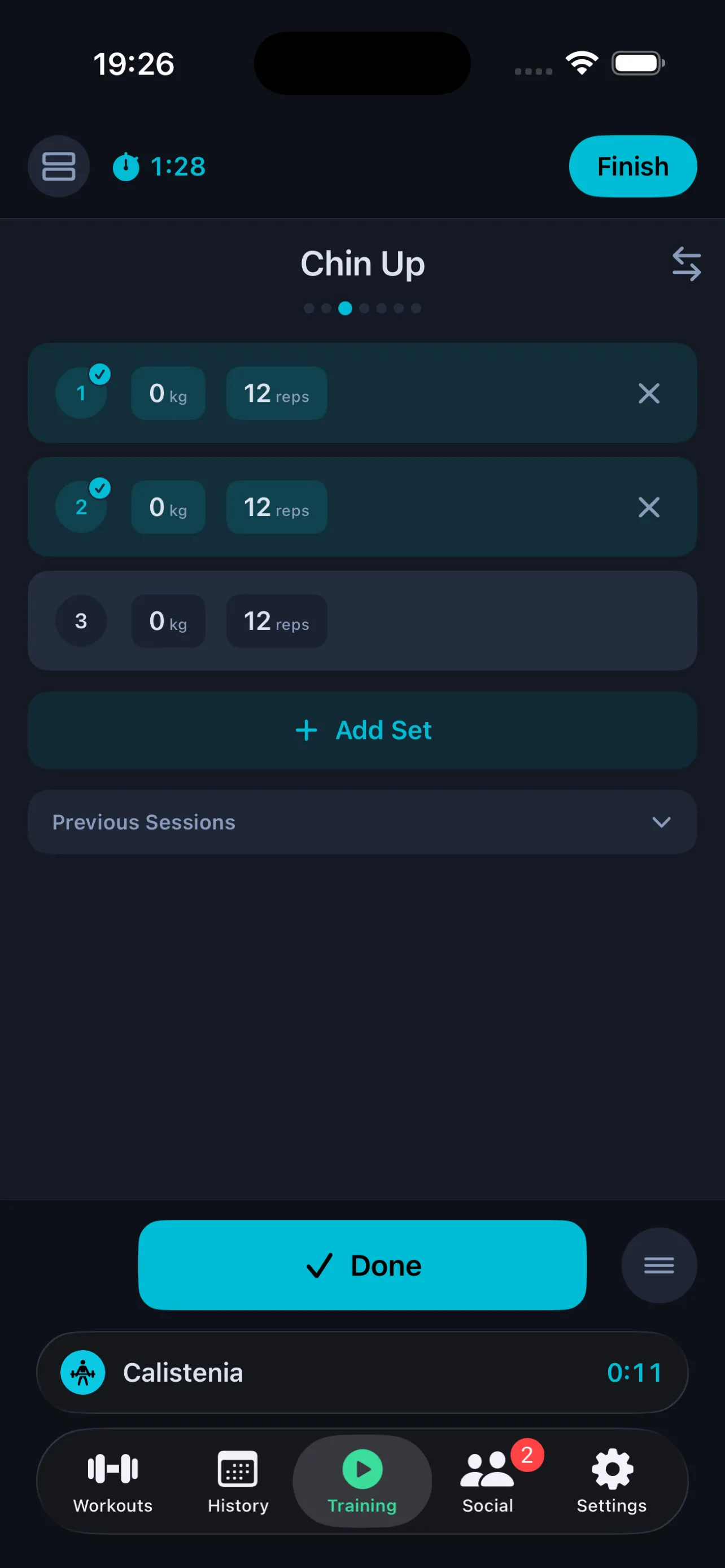 Live session logging sets for Chin Up