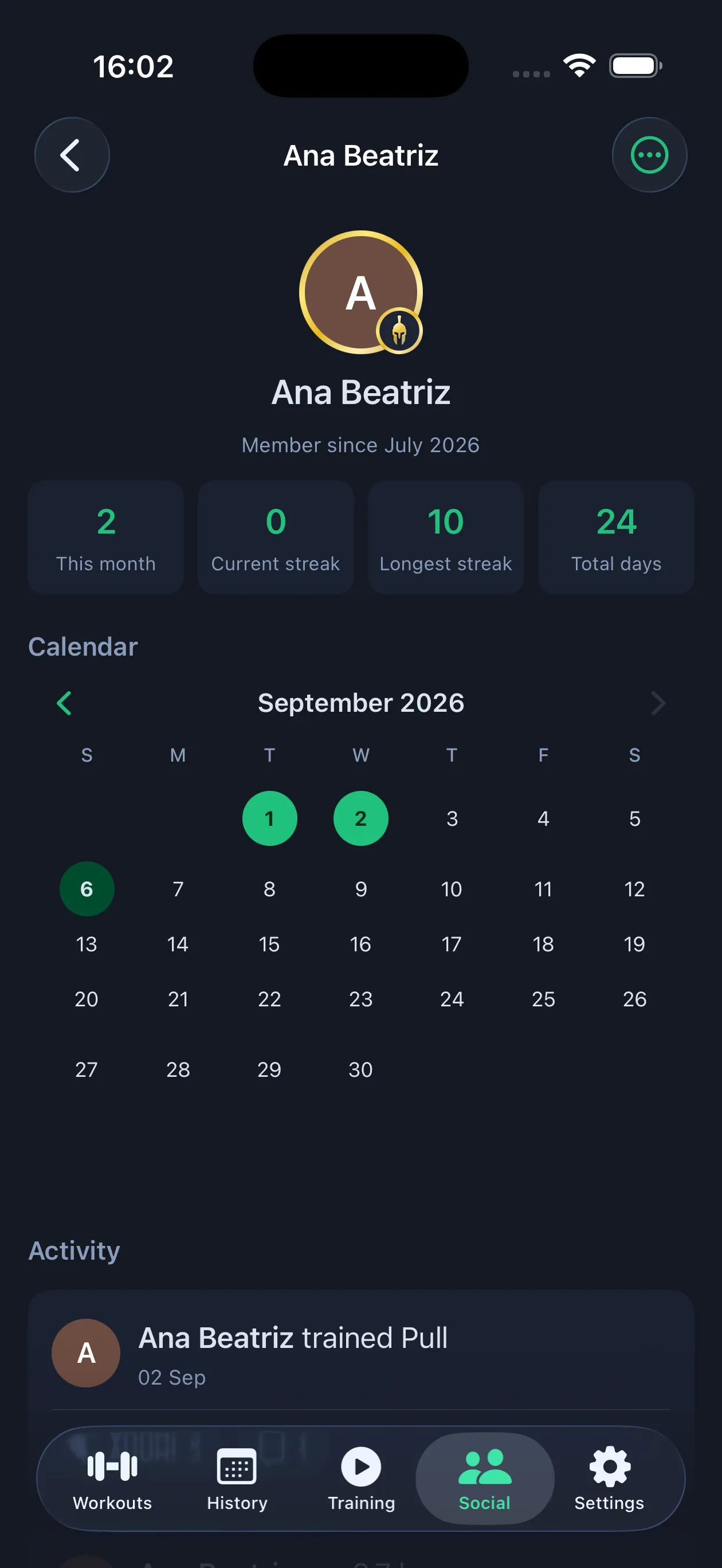 A member profile showing this month's days, current streak, longest streak and total days (iOS)