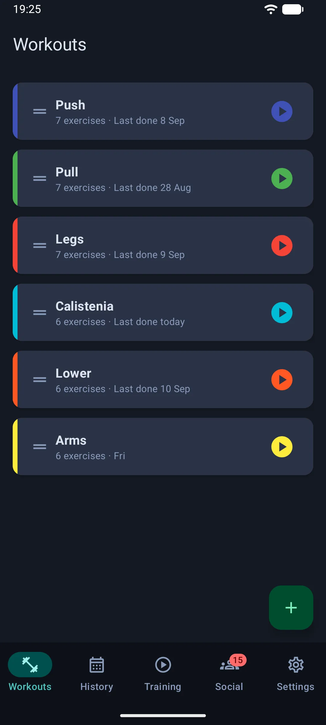List of saved workout templates (Android)